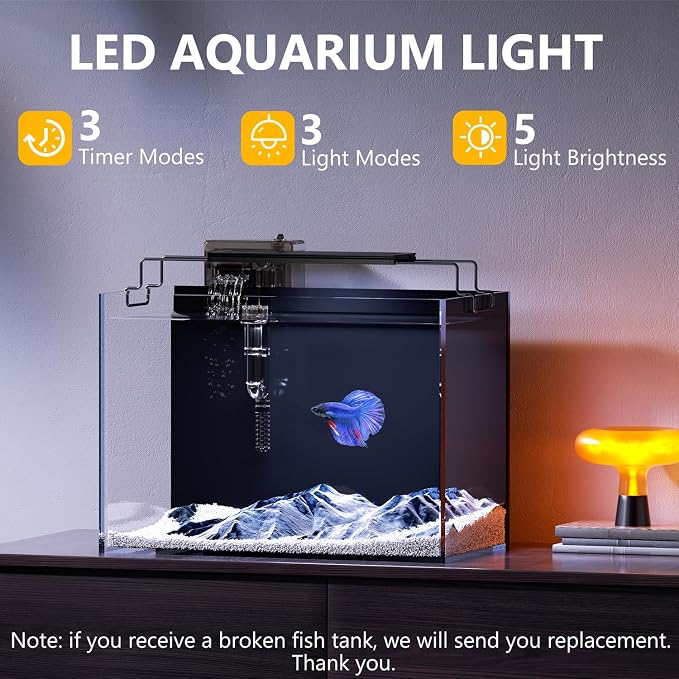 5 Gallon Fish Tank Kit with Filter Light with Timer, Lid Rimless Glass | Black Background, Low-iron Glass, 5 Brightness, Adjustable Water Flow, Self-cleaning, for Betta Shrimp Guppy Snails