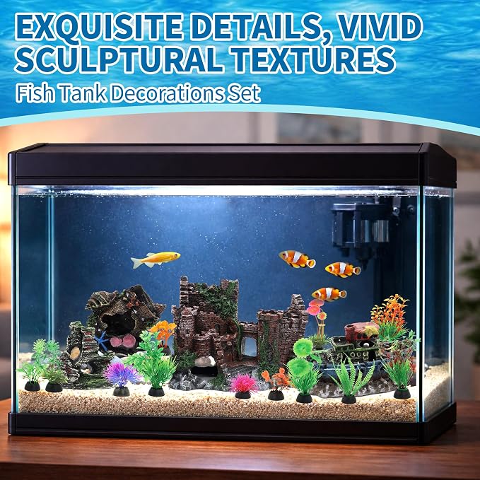 16 Pieces Large Fish Tank Decorations Kit Resin Aquarium Castle | Broken Barrel Hideout Rock Cave Fish Tank Decor Artificial Plastic Plant Ornaments Accessories