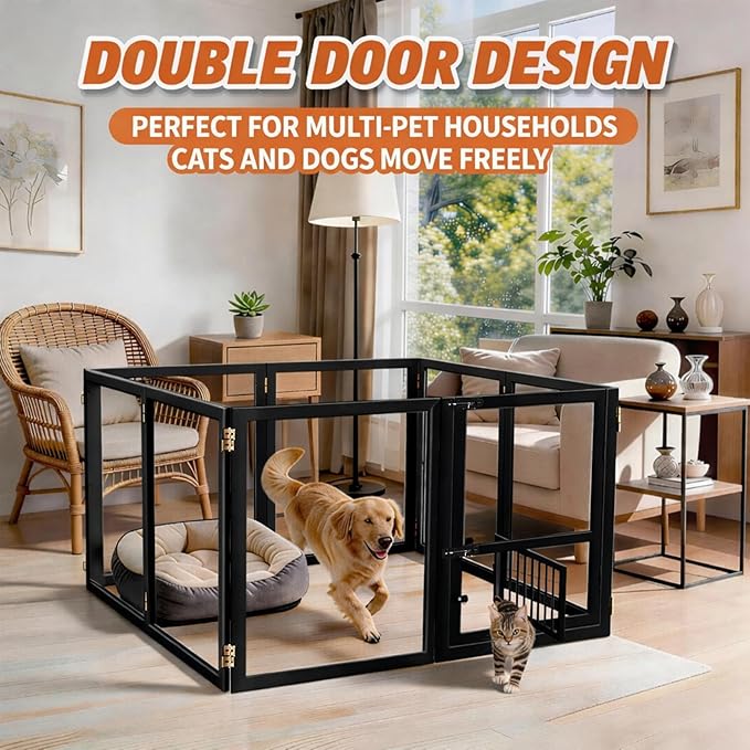 Acrylic Dog Playpen with Door, 27.5“ Height, Heavy Duty Clear Pet Pen, Dog Fence Crate Kennel Whelping Cage, Ideal for Small to Medium Dogs, Cats, and Other Small Pets (Black)