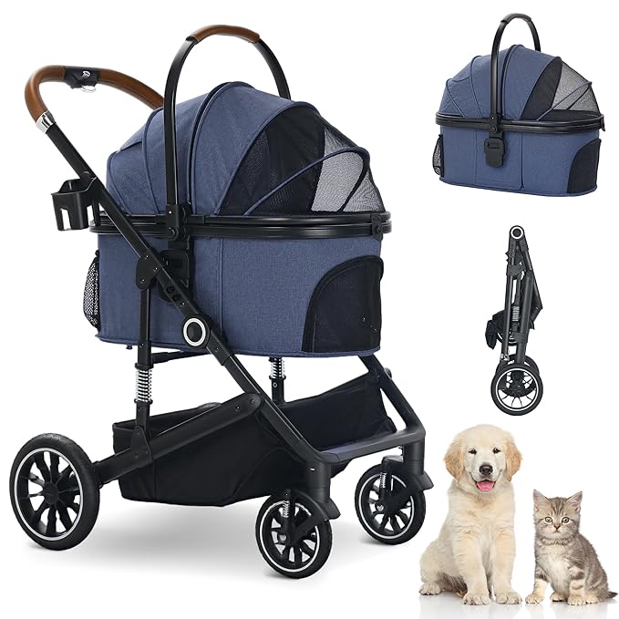 TODEFULL Pet Stroller with 4 Wheels, 3 in 1 Folding Puppy Strollers for Small/Medium Dogs Cats up to 50lbs, Lightweight Pet Travel Carrier with Detachable Cushion, Storage Basket and Cup Holder, Blue