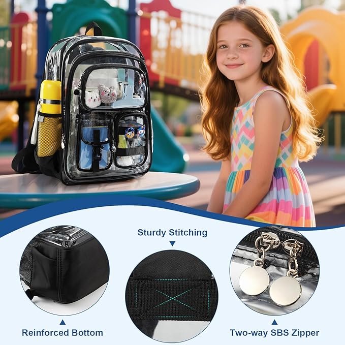 Clear Backpack, 17 inch Extra Large Transparent Backpacks with Accessories & Privacy Pouch, Cold-resistant Plastic Backpack for Teen Kids Adults, Black