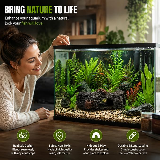 Aquarium Driftwood Decoration, Fish Tank Hiding Cave, Betta Fish Hideout | Resin driftwood decoration, small aquarium accessory, includes 6 soft and safe artificial aquatic plants