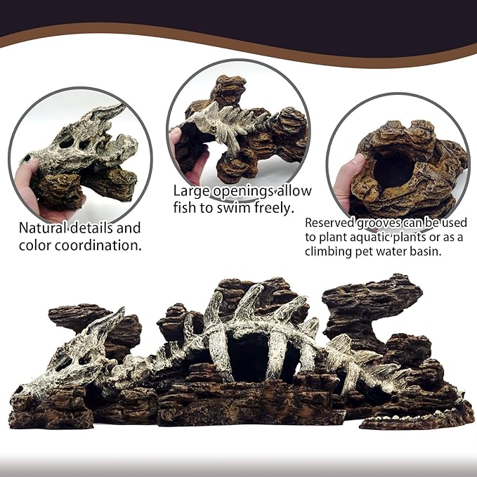 Allcolor Aquarium Rock Decor, Wilderness Keel Set for 40+ Gallon Tanks | A large modular landscape combines layered stone formations, skeletal arches, caves, and planting pockets.