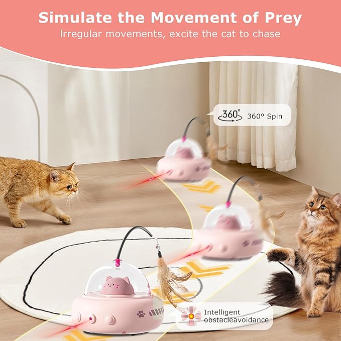 hooroor 2-in-1 UFO Laser Cat Toy with Feather, Automatic Motion Smart Sensor Interactive Toy for Indoor Cats&Small Dogs, Rechargeable Obstacle-Avoidance Exercise Toy, Self-Play Pet Gift Pink Updated