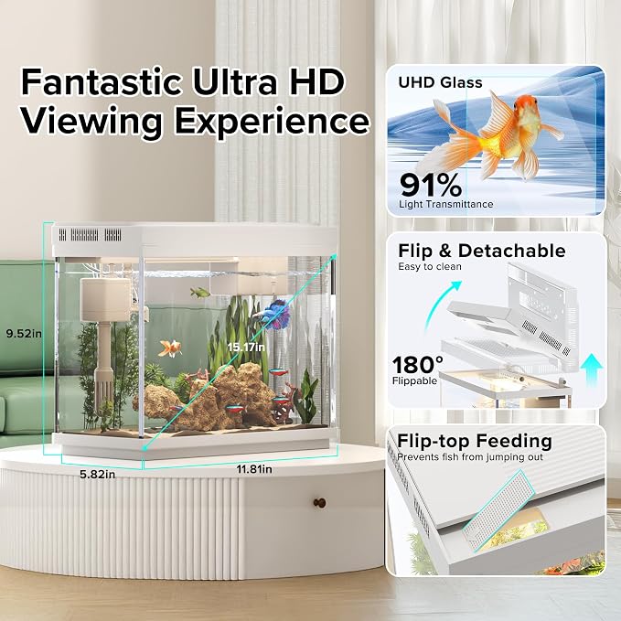 Vehipa 2.4 Gallon Betta Fish Tank, Heater and Humidifier | HD Glass, 3-in-1 Pump, Temperature Display, Timed 7-Color Lights