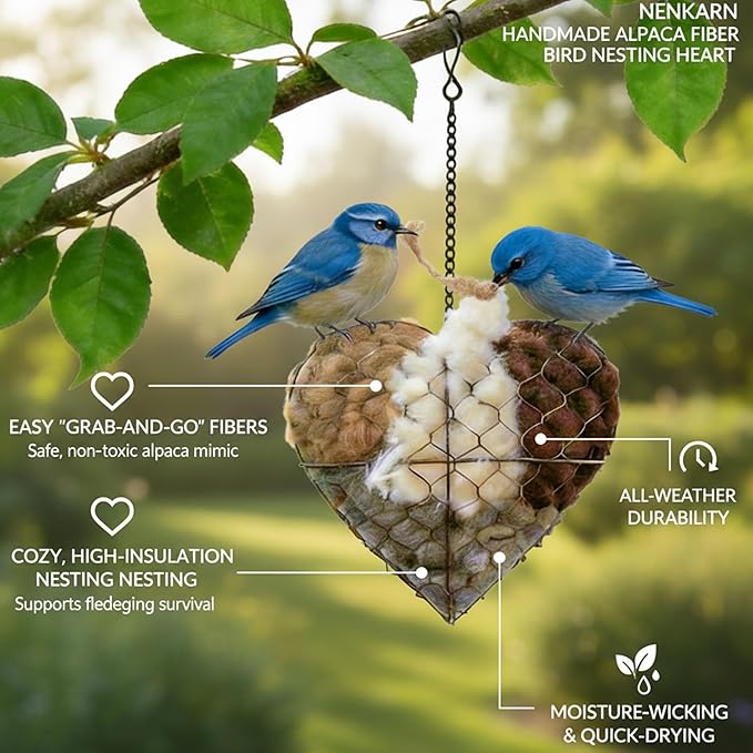 Handmade Alpaca Fiber Bird Nesting Heart - Weather Resistant Wild Bird Nesting Material Holder with Refillable Soft Fibers and Hanging Chain for Hummingbirds, Finches & Wrens (7.1*7.1*2.8in)