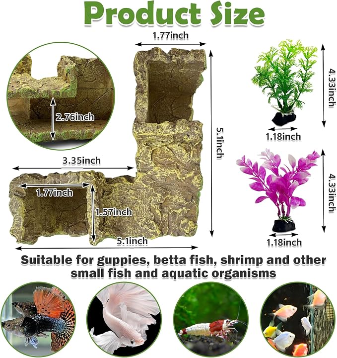 kathson Aquarium Hideaway Cave Underground Tunnel Hideout Wood-Like Fish Tank Cave for Corners View Fish in Aquarium Decoration with 2PCS Plastic Aquatic Plants for Betta Shrimp Guppy Hide