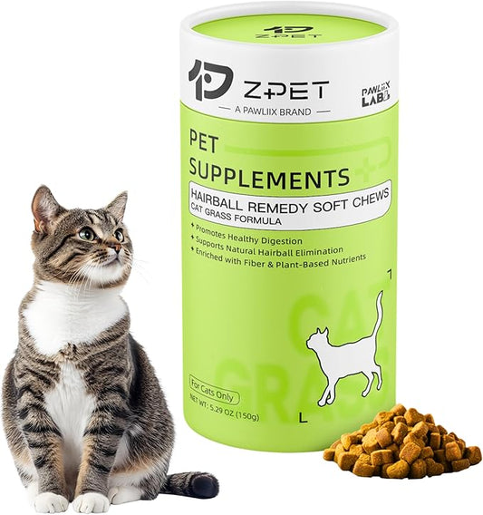 ZPET Hairball Remedy Soft Chews for Cats – Cat Grass Formula with Olive Oil, Fiber & Taurine – Supports Hairball Control, Healthy Digestion & Daily Nutrition, 150g