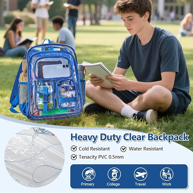 Clear Bookbag with Chest Strap, 17" Heavy Duty See Through Backpack with Anti-theft Hook & S-shaped Shouler Straps, Large Clear Bags for Work Sport School Travel