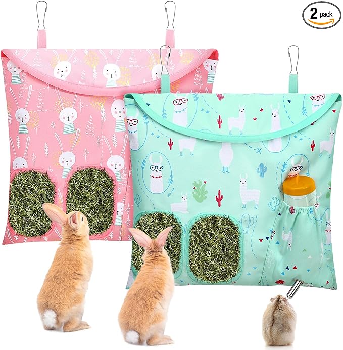 UPINS 2 Pack Hay Bag for Rabbits 2-Hole Hanging Hay Feeder Guinea Pig Hay Bags, Hay Feeder for Rabbits Chinchillas Hamsters Small Pets and Animals
