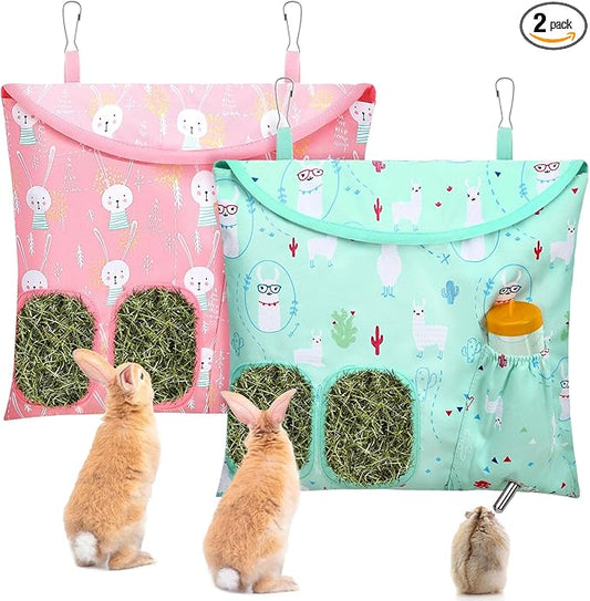 UPINS 2 Pack Hay Bag for Rabbits 2-Hole Hanging Hay Feeder Guinea Pig Hay Bags, Hay Feeder for Rabbits Chinchillas Hamsters Small Pets and Animals