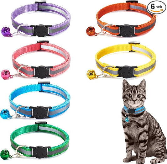 6-Pack Reflective Cat Collars with Bell – Breakaway Safety Nylon Kitten Collars, Adjustable Pet Collars with Charming Bells, Mixed Colors in one Package.