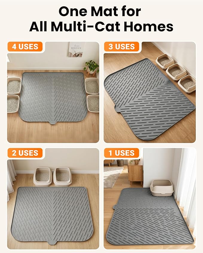 Cat Litter Box Mat, 47" x 37" Extra Large Cat Litter Mat, Silicone Waterproof Litter Trapping Mat for Scatter Control Soft on Kitty Paws Non-Slip Easy to Clean（Grey)