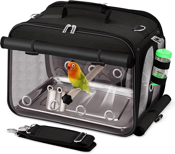 Bird Carrier Airline Approved, Bird Travel Cage with Indestructible Stainless Steel Mesh, Bird Travel Bag Lightweight and Portable with Water Bottle and Bowl