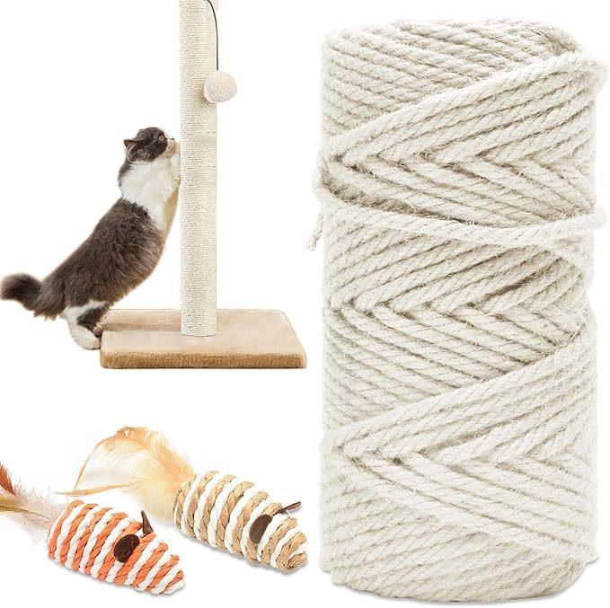 164FT/50M Cat Scratching Sisal Rope, 6mm 1/4 inch Thick Natural Jute Rope for Scratch Posts, Cat Trees, DIY Projects, Sisal Rope for Cat Scratcher with 2 Cat Mouse Toys (White, 164ft)