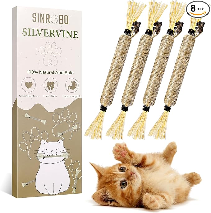 8 Pack Silvervine Sticks for Cats - Cat Chew Toy for Teeth Cleaning, Edible Matatabi Kitty Chew Sticks, Catnip Cat Toys for Indoor Cats (8 Sticks)