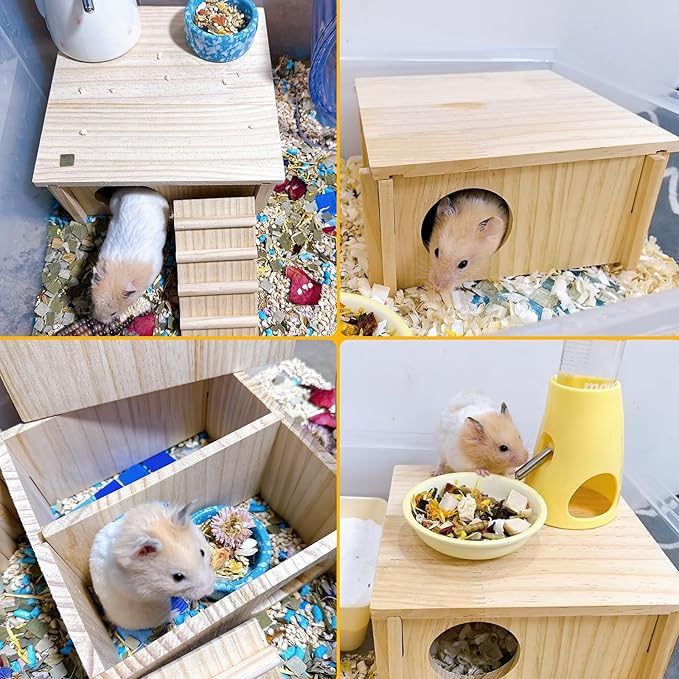 Hamster Wooden House with Ladder Hamster Wood Hideout Activity Platform Exercise Climbing Hut Natural Living Wood Room for Syrian Hamster Gerbil Mice Rat