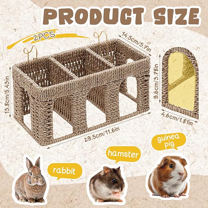 Sliner 2 Pcs Natural Seagrass Five Arch Guinea Pig Hay Feeder, Guinea Pig Rabbit Hay Rack Holder with Metal Hanging Hook for Bunny Chinchillas, Small Animal Cage Accessories, Pet Gifts, Less Wasted