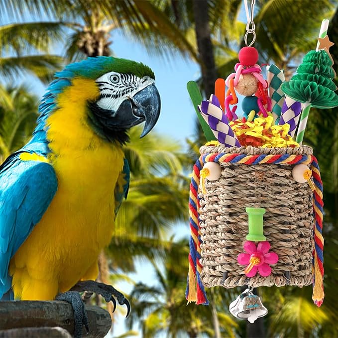 RLRICH 3 Pack Bird Toys Parrot Foraging Toys, Seagrass Basket Bird Chewing Toys with Colorful Tearing Paper Bamboo Fingers Natural Nut Wooden Blocks for Small Medium Parrot Bird