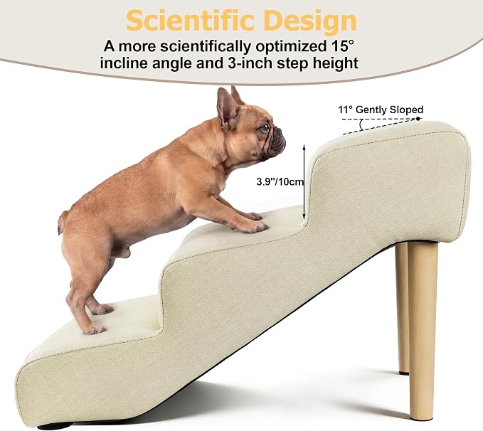 3-Step 15.7" H Dog Stairs for Bed Couch, Waterproof & Scratch PU Leather Pet Steps for Small Dogs and Cats, Dog Ramp with 220 lbs Maximum, Oak Leg & Solid Wood, Non-Slip Feet,Cream