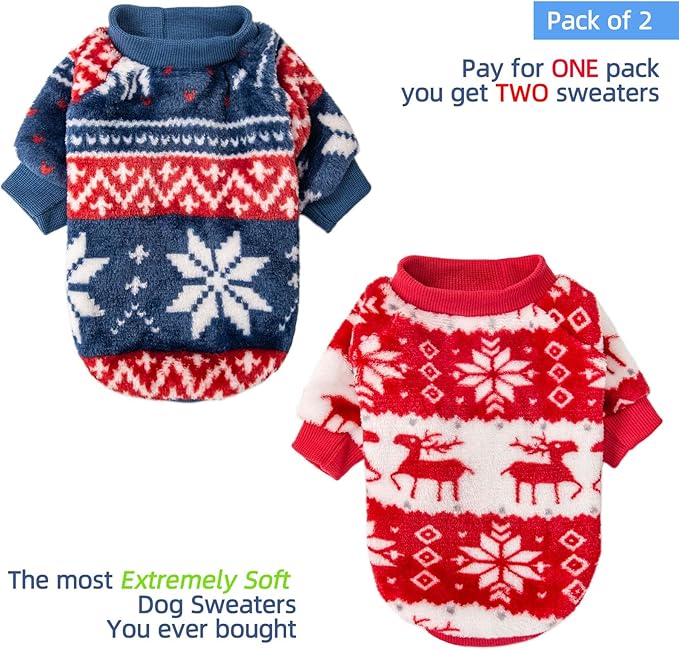 FabriCastle Christmas Dog Sweater, 2-Pack Dog Clothes XXS, Ultra Soft and Warm Pet Jackets for Small Dogs & Cats, Winter Pet Apparel Costumes, Puppy Outfits (Red,Blue, XX-Small)
