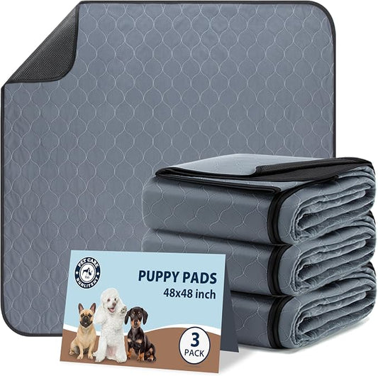 Washable Pee Pads for Dogs, 48x48 Reusable Puppy Pads with Fast Absorbent, Waterproof Reusable Pee Pads for Whelping, Traing, Incontinence and Potty, 3 Pack, Grey.