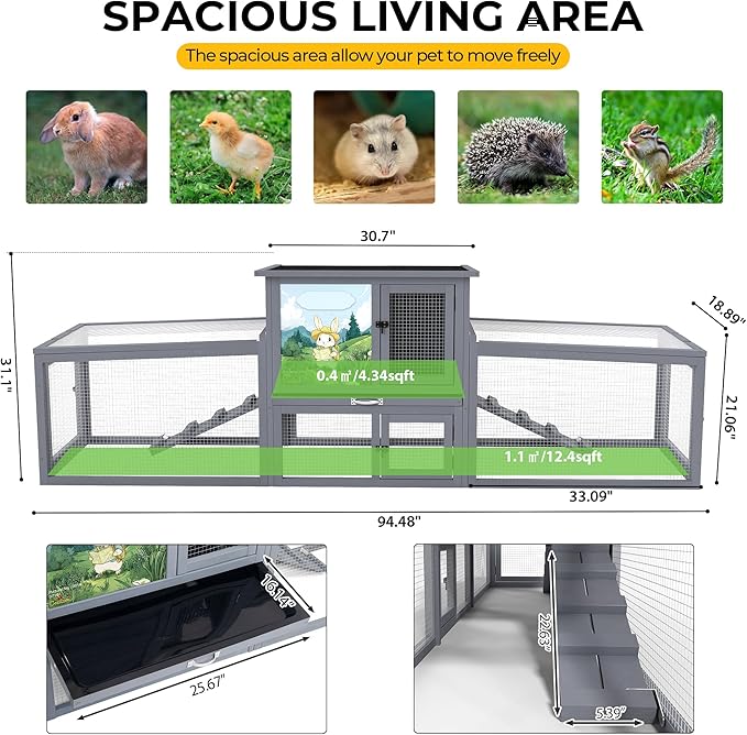 COZIWOW Outdoor Deluxe Rabbit Hutch Health Bundle: 95-Inch Large Cage & Smart Air Purifier for Rabbits, Chickens, and Small Animals