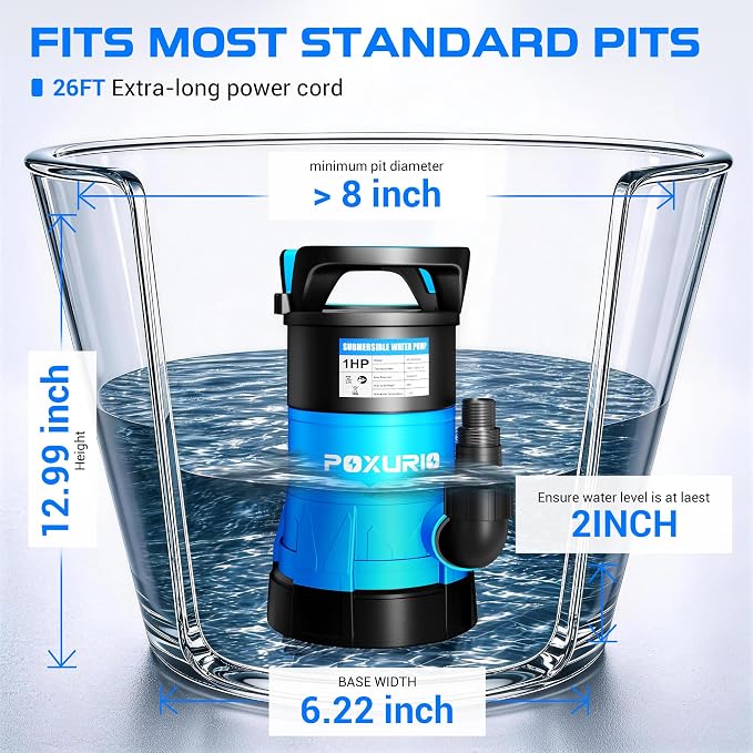 1HP Submersible Sump Pump, 5300GPH High Flow Dirty Clean Submersible Water Pump with Automatic Float Switch, 26FT Long Cord for Swimming Pool, Flooded Basement, Rooftop, Garden Water Removal