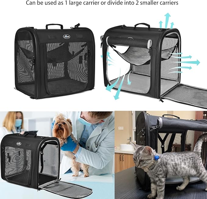 Wakytu Portable 2-in-1 Pet Carrier for Medium Dogs Large Cat Carrier for 2 Cats Travel Double Dog Crate Set with Portable Carry Bag/Hammocks/Mats/Tent Stakes/2 Pcs Pet Bowls for Outdoor Camping