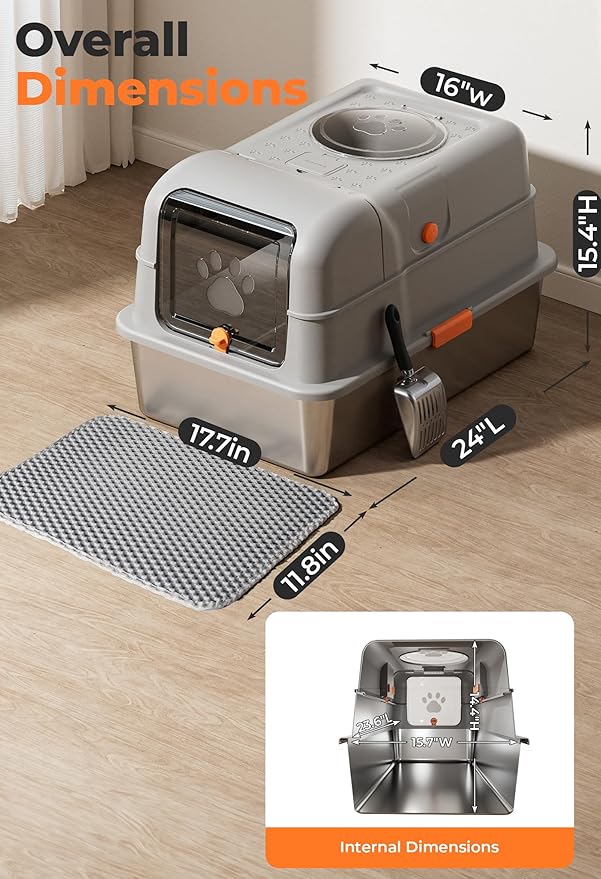 24″Lx16″Wx15″H Non-Stick Stainless Steel Litter Box with Lid, No-Mess Odor Control Anti-Leak Cat Litter Box, 3-in-1 Fully Enclosed High-Sided Litterbox with Flip Top (Gray)