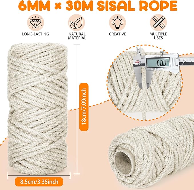 98FT/30M Cat Scratching Sisal Rope, 6mm 1/4 inch Thick Natural Jute Rope for Scratch Posts, Cat Trees, DIY Projects, Sisal Rope for Cat Scratcher with 2 Cat Mouse Toys (White, 98ft)