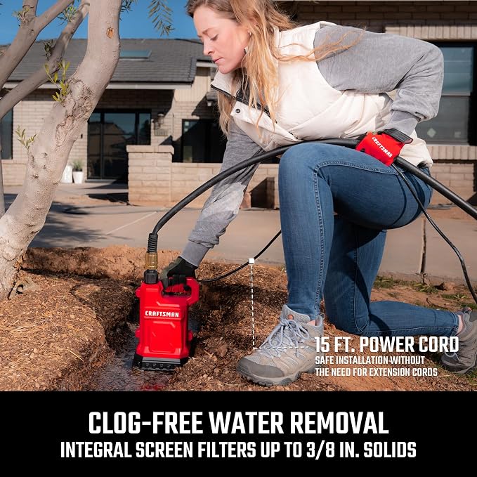 CRAFTSMAN 1/3 HP Thermoplastic Submersible Water Pump, Pumps up to 2750 GPH