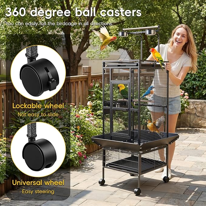 61" Large Parrot Cage with Rolling Stand, Wrought Iron Bird Cage for African Grey Macaw, Corner Design with Rooftop Play Area, Lockable Door & 360° Wheels, Heavy Duty Aviary Black