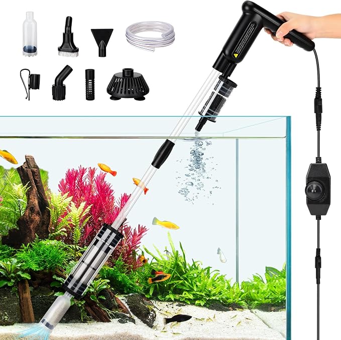 AQQA Upgraded DC 18W Electric Aquarium Vacuum Gravel Cleaner | Anti-Clog Pre-Filter Design, 7-in-1 Multifunctional, Dirt Removal, Water Change, Sand Washing, Turtle Shower