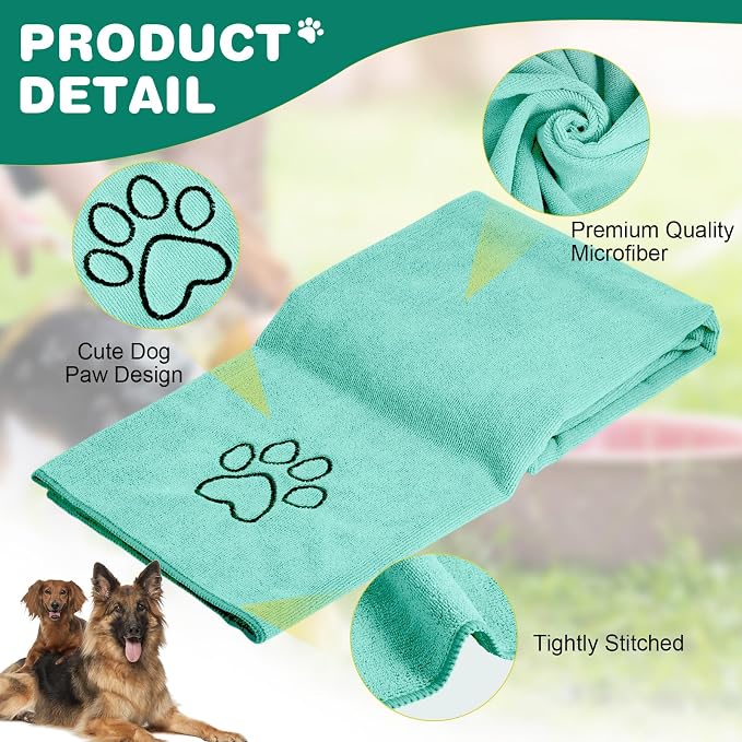 Chumia 4 Pack Dog Towels for Drying Large Microfiber Grooming Tools Absorbent Soft Bath Supplies with Embroidered Paw for Small Medium Pet Products (30 x 50 Inch,Light Green)