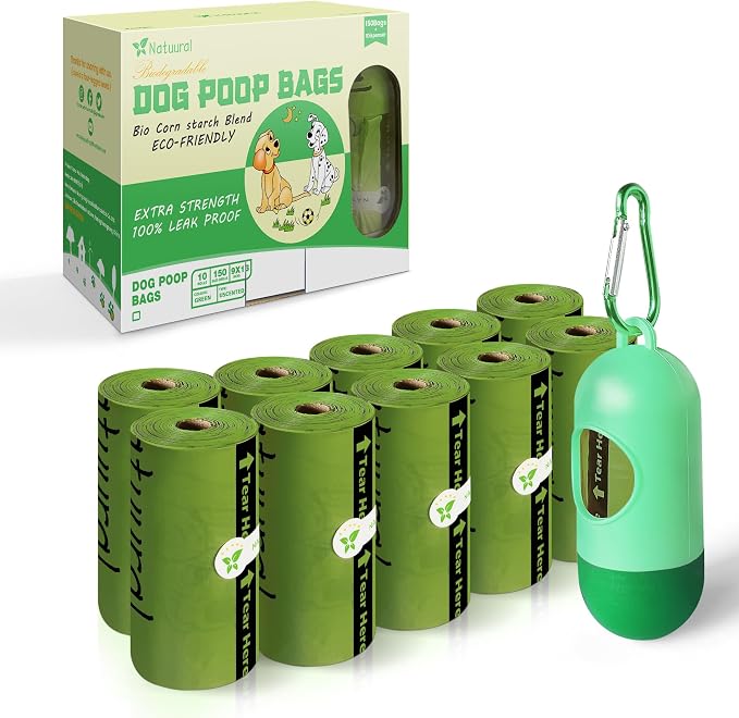 Dog Poop Bags-150 Counts with Leash Dispenser (10 Rolls), Biodegradable Poop Bags, Eco-friendly and Easy to Open, Thick Dog Waste Bags (Green)