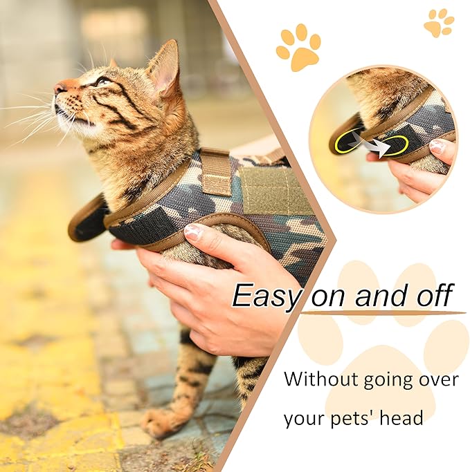 Tactical Kitty Harness and Leash for Walking Escape Proof Breathable Mesh Fabric, Green Jungle Camo, Small, Adjustable Cat Walking Jackets, Padded Stylish Cat Vest