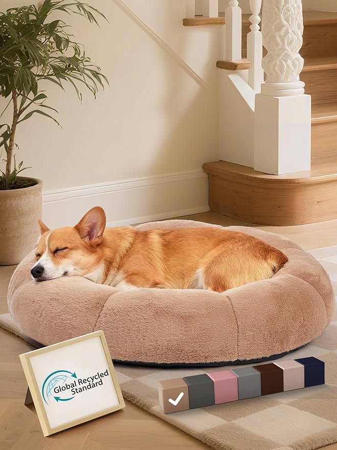 OhGeni 31 inches Calming Donut Dog & Cat Bed for Medium Pets, Warming Comfort Fluffy Short Pile Fur, Durable Waterproof Machine Washable Removable Cover, Cute Round Bed for Puppy, Camel
