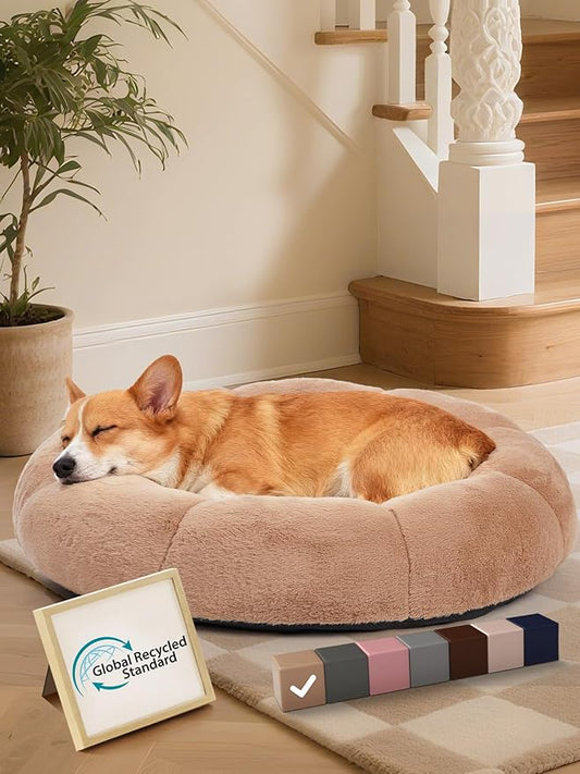 OhGeni 31 inches Calming Donut Dog & Cat Bed for Medium Pets, Warming Comfort Fluffy Short Pile Fur, Durable Waterproof Machine Washable Removable Cover, Cute Round Bed for Puppy, Camel