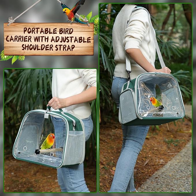 Small Bird Carrier, Large Window Travel Cage with Stand and Easy Clean Tray for Parrot Parakeet Cockatiels, Lightweight and Portable, Green