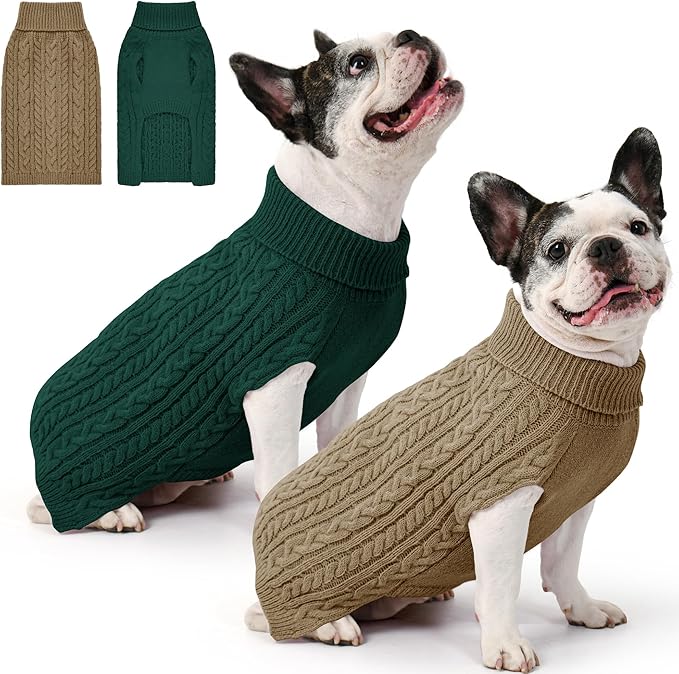 2 Pack Dog Sweaters for Medium Dogs Winter Turtleneck Pullover Cable Knit Fleece Stretch Frenchie Dachshund Pug Corgi Beagle Boy Girl Pet Clothes (M, Green & Brown)