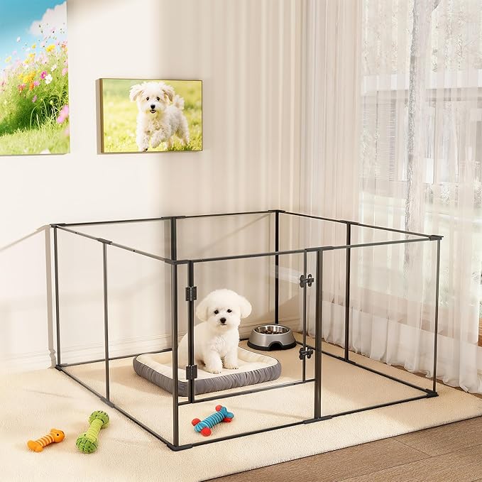 Acrylic Dog playpen Indoor: Clear Puppy Pen for Small Medium Dogs Cats with Metal Frame - 8panels 30inch Tall Transparent pet Fence with Door for Rabbits Guinea Pig