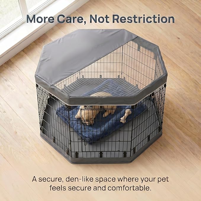 PJYuCien Dog Playpen with Top Cover and Bottom Pad - Metal Foldable Exercise Pen, 8 Panels 36" H x 24" W Indoor Outdoor Pet Fence Puppy Crate Kennel, Gray