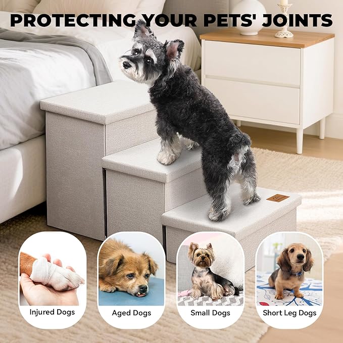 Zerbuger Dog Stairs with Storage 18" H, 3-Step Wider Dog Steps for Small/Medium/Large Old Dogs Cats, Folding Sturdy Pet Stairs Climbing Bed or Couch, Ramp for Car Up to 200 lbs (Beige, No Condo)