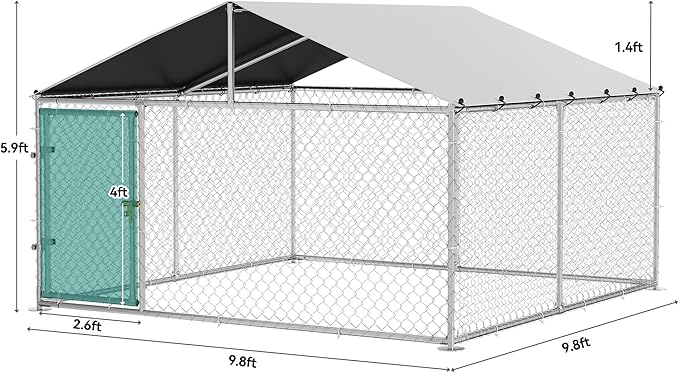 YITAHOME 10'x10' Outdoor Dog Enclosure with Metal Dog Gate, Dog Kennel Outside with Roof, Dog Fence Outdoor for Yard