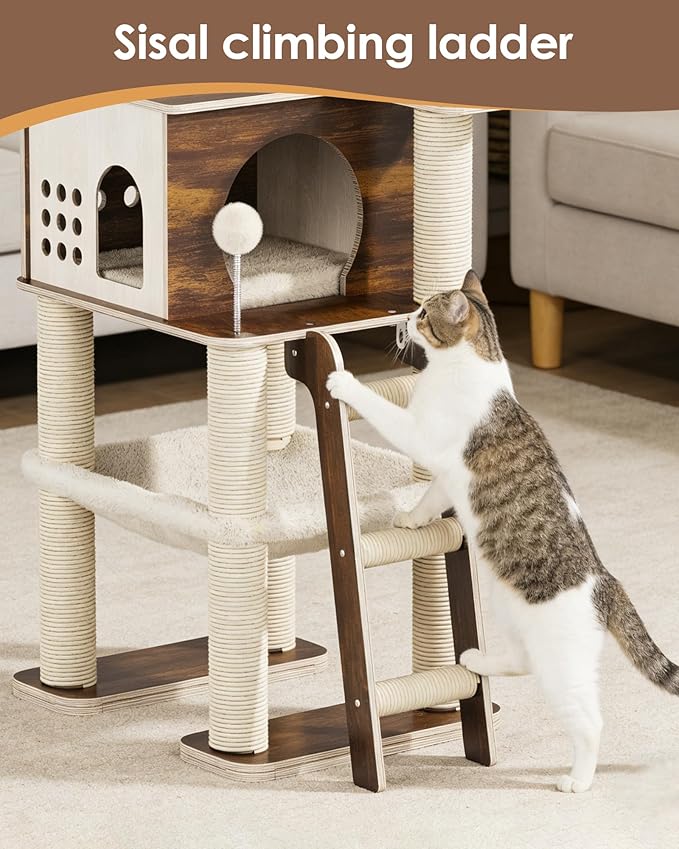 Modern Cat Tower, 60.3 Inches Multi-Level Cat Tree with Dark Wood-Look Panels, Sisal Scratching Posts, Hammock & Plush Perch, Safe for Kittens to Adult Cats
