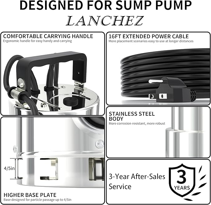 LANCHEZ 1.6HP 6000GPH Sump Pump, Stainless Steel High Flow Submersible Water Pump with Float Switch, Automatic Transfer Water Pump for Swimming Pool Basement Flooded Pit Sewage Sink Tub, Silver