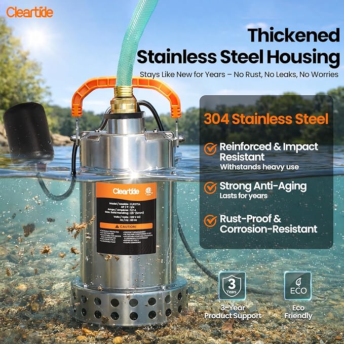 Stainless Steel Submersible Water Sump Pump with Float Switch, 3/4 HP, 3780 GPH Ideal for Pool, Yard, Flooded Cellar & Basement, Hot Tub, Pond, and Garden Draining, 10 FT Cord
