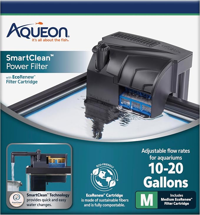 Aqueon SmartClean Power Filter with EcoRenew Filter Cartridge, Quick and Easy Water Changes, Quiet Operation, Adjustable Flow, for 10-20 Gallon Freshwater and Saltwater Aquariums, Medium (Pack of 12)
