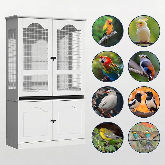 Large Bird Cage with Adjustable Storage Cabinet, White Flight Parakeet Parrot Cage with Pull-Out Tray and 3-Side Iron Mesh Design, DIY-Friendly, Tall Wide Bird Cages for Cockatiels, Finches